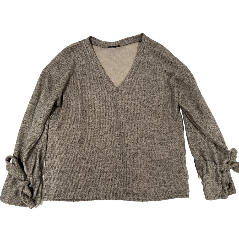 Very J V Neck Gray Sweater Bell Tie Sleeves Womens Size Large Loose Fit